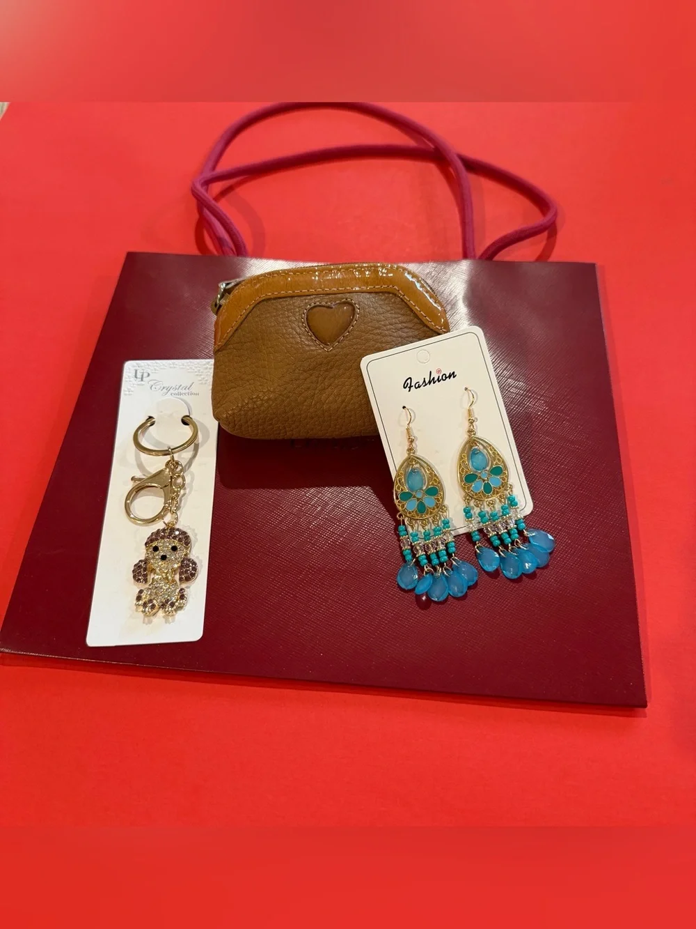 Women's Brown Heart Accent Coin Purse - Unbranded and two set of earrings